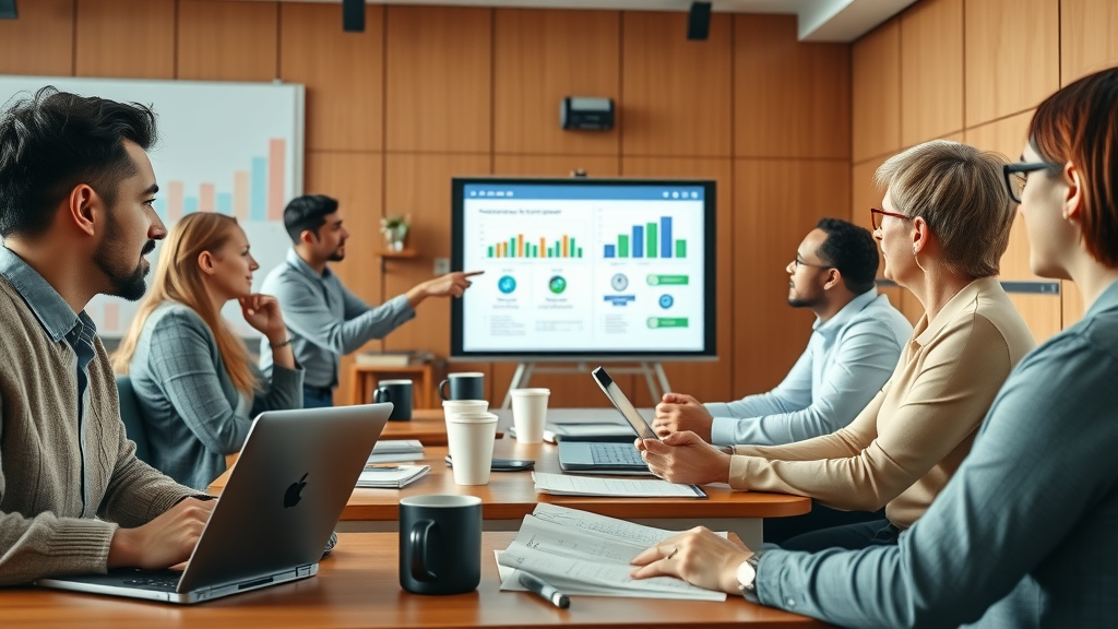 Marketing professionals learning Go High Level at a digital training session, instructor pointing to dashboard