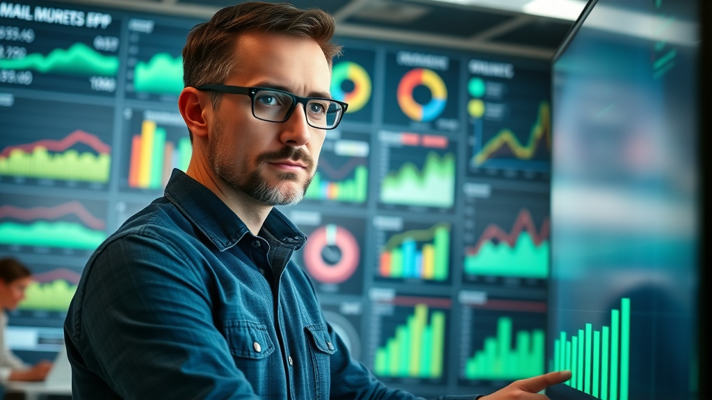 analytical marketer reviewing Go High Level email marketing campaign analytics, KPI charts and campaign performance results.