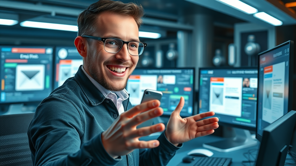 digital marketer linking Go High Level email campaigns with SMS and landing pages. Modern, high-tech campaign orchestration.