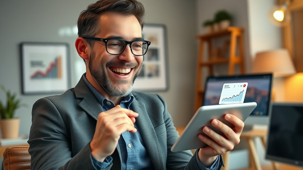 happy business owner celebrating successful Go High Level email marketing results. Soaring sales analytics, successful email campaign dashboard.