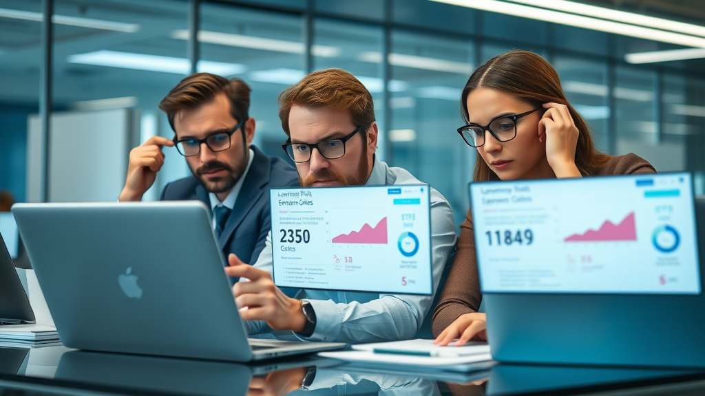 dynamic business team frustrated over low email open rates, concerned expressions, reviewing emails on laptops in office setting. Modern workspace, digital screens, low statistics. Go High Level Email Marketing.