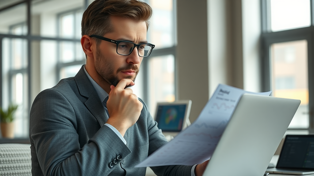 Thoughtful small business owner reviewing go high level pricing charts on a laptop in a modern office.