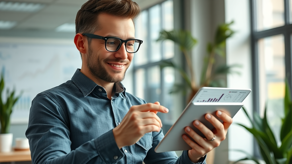 entrepreneur analyzing marketing analytics with go high level tablet