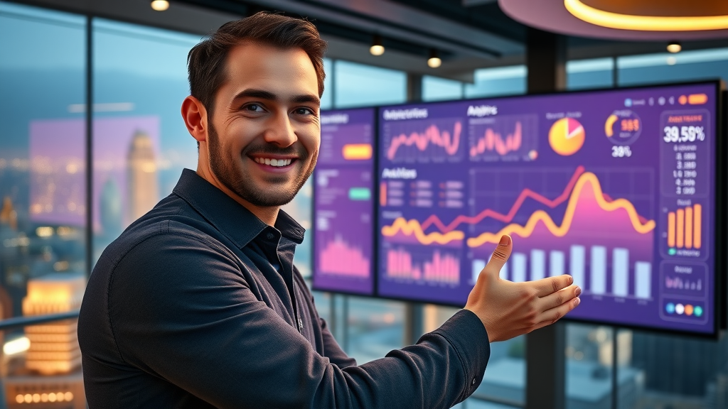 Confident digital marketer presenting Go High Level analytics dashboard to agency, success for marketing agencies