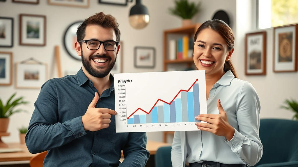Small business owners celebrating gohighlevel sales funnel growth with analytics graph