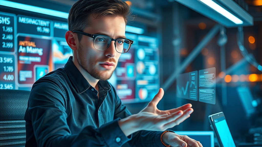 Tech-savvy marketer automating SMS and email marketing with go high level funnel builder in futuristic workspace