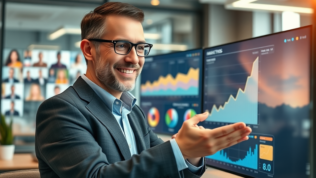 Business owner reviewing Go High Level real-time analytics dashboard with upward trend line