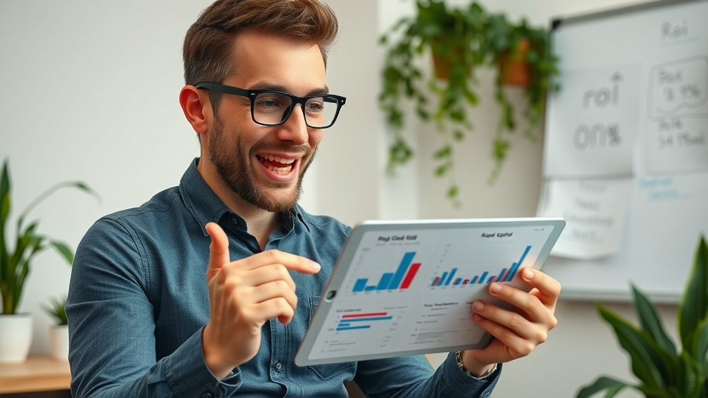 Entrepreneurial agency owner reviewing ROI charts on a tablet for go high level pricing in a small office