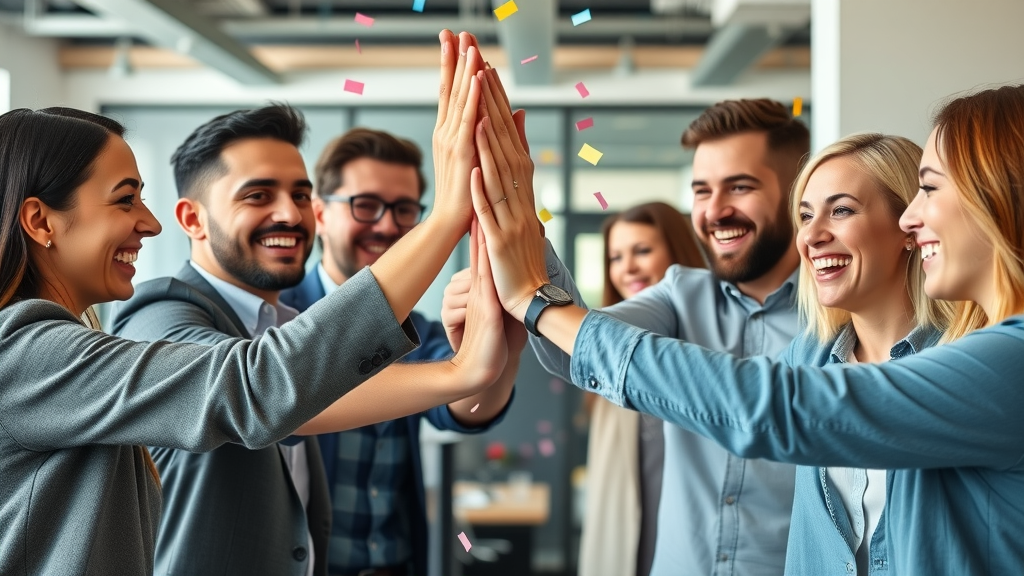 Successful marketing team celebrating increased engagement, high-five after Go High Level campaign results