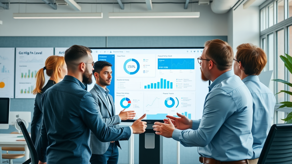 Go High Level dashboard in a modern digital marketing agency office, team of professionals collaborating