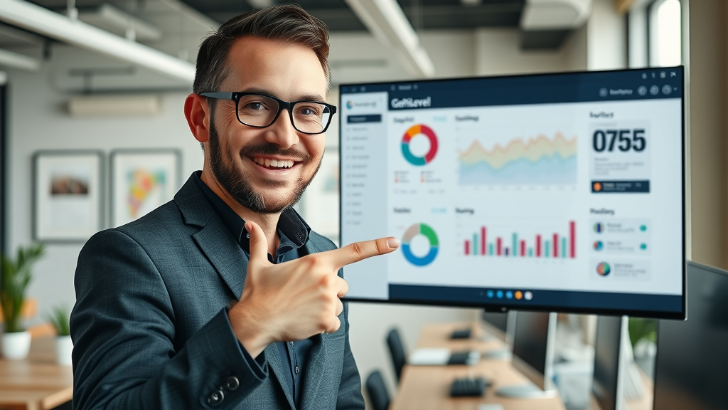 Dynamic entrepreneur excitedly showcasing GoHighLevel funnel builder dashboard in coworking office