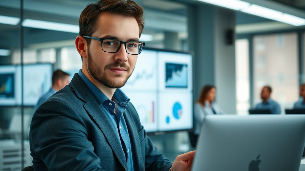 sleek software dashboard interface, confident marketer analyzing campaign data. Go High Level Email Marketing tools and analytics dashboard.